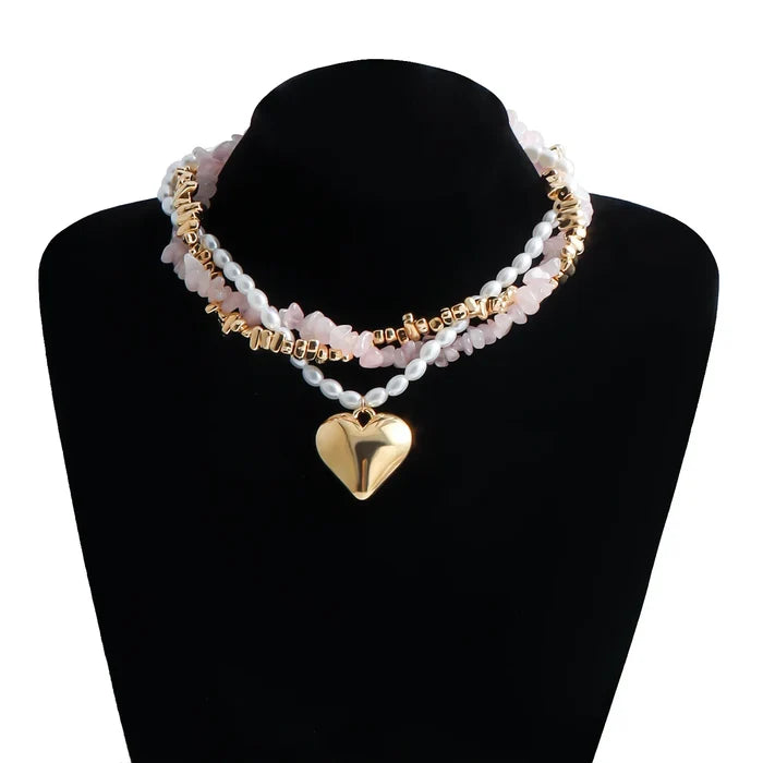 Elegant Berry Pink Pearl Heart Layered Necklace