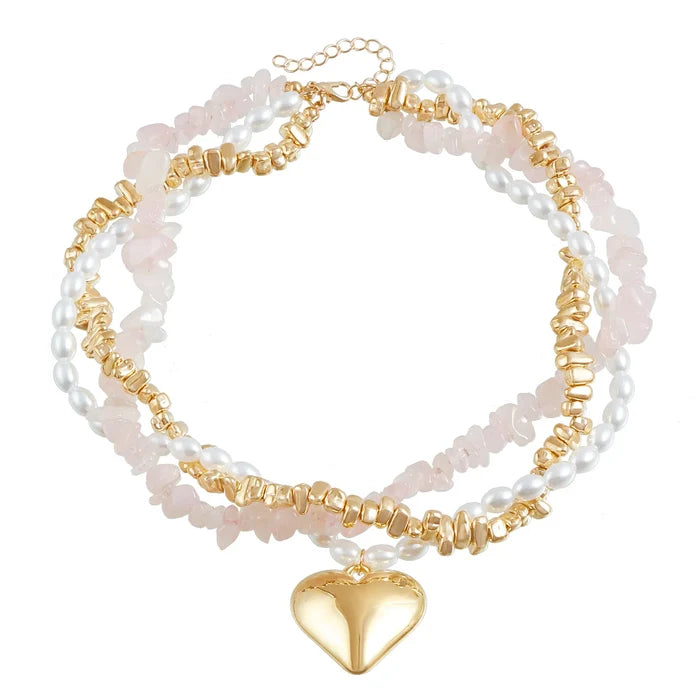Elegant Berry Pink Pearl Heart Layered Necklace