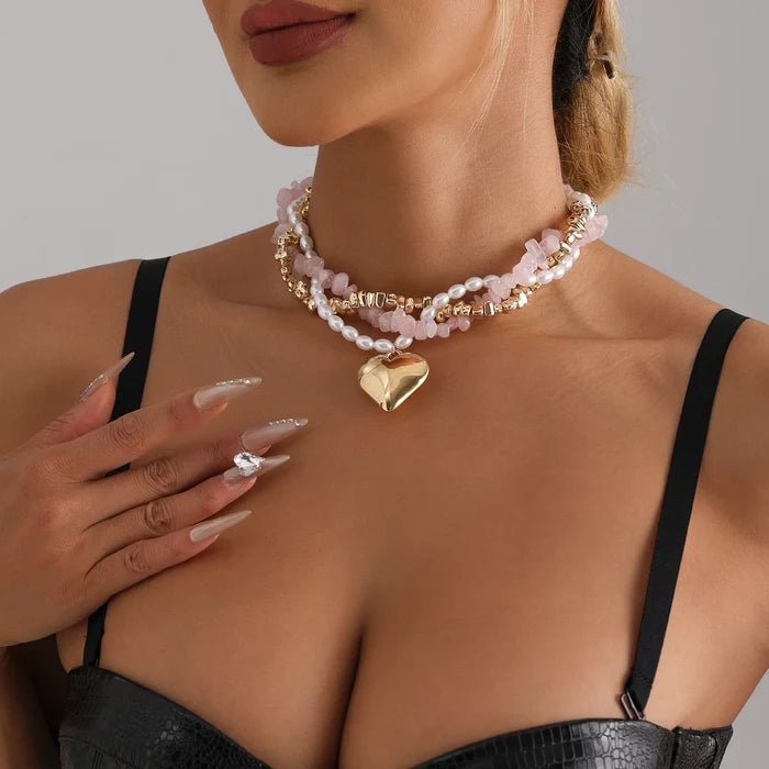 Elegant Berry Pink Pearl Heart Layered Necklace