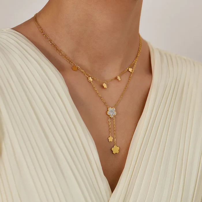 Elegant Gold-Plated Zirconia Tassel Flower Necklace
