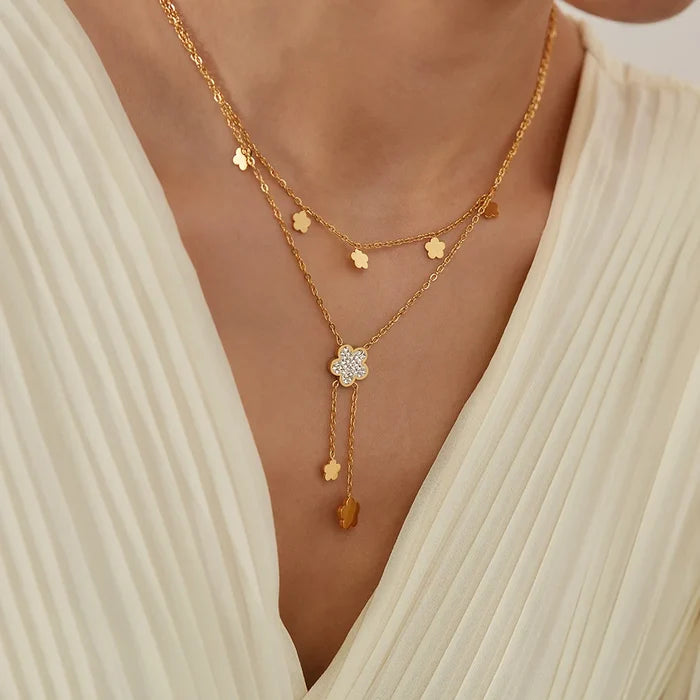 Elegant Gold-Plated Zirconia Tassel Flower Necklace