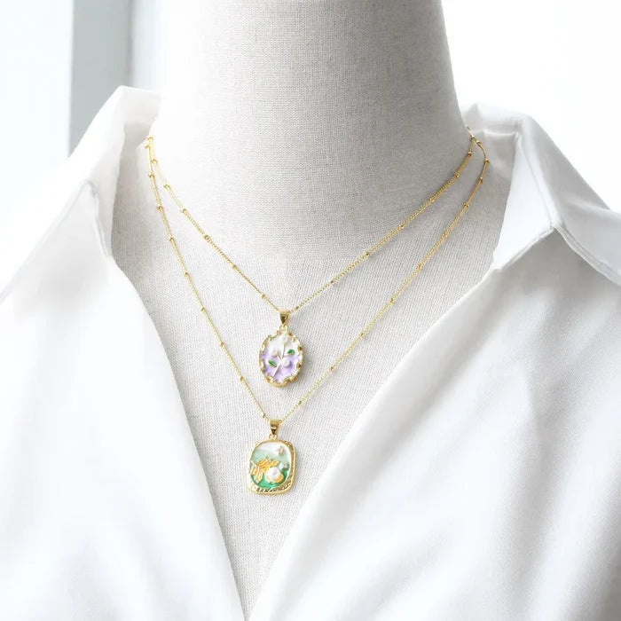 Elegant Oil Painting Necklace with Pearl Pendant