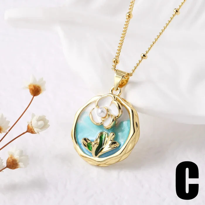Elegant Oil Painting Necklace with Pearl Pendant