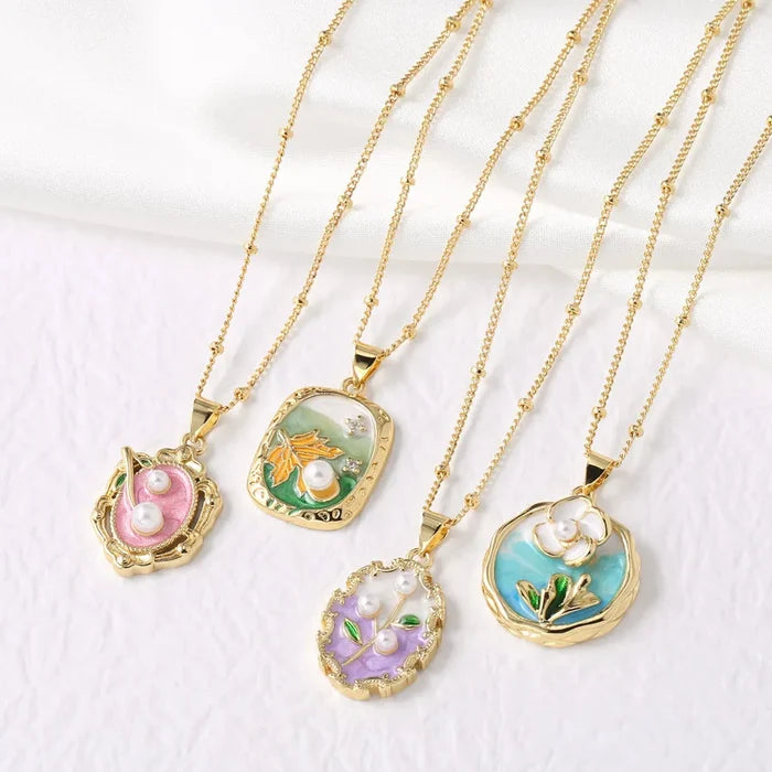 Elegant Oil Painting Necklace with Pearl Pendant