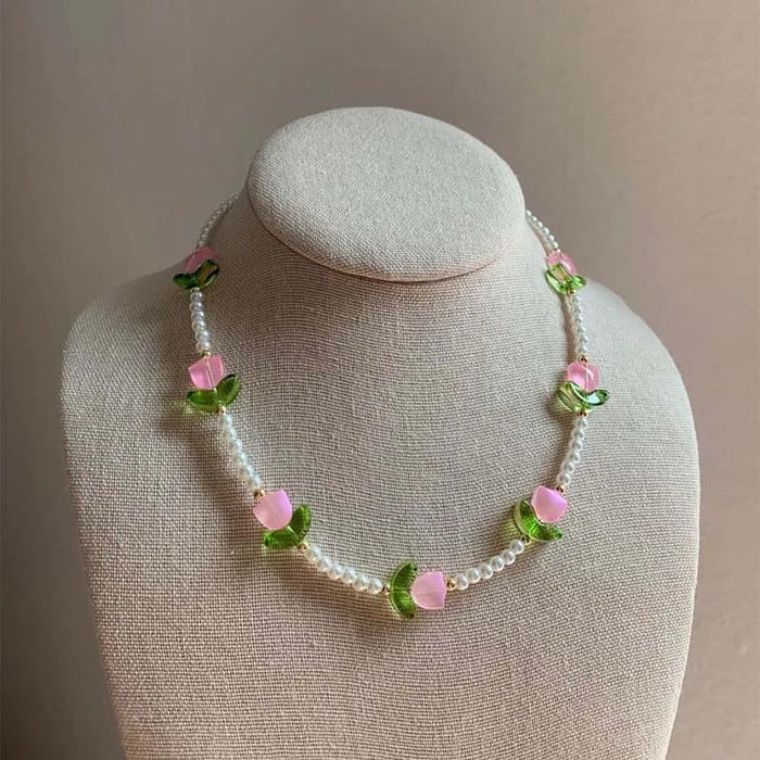 Elegant Pearl Tulip Necklace & Bracelet Set