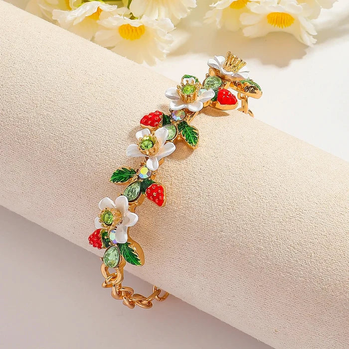 Elegant Strawberry Flower Enamel Bracelet