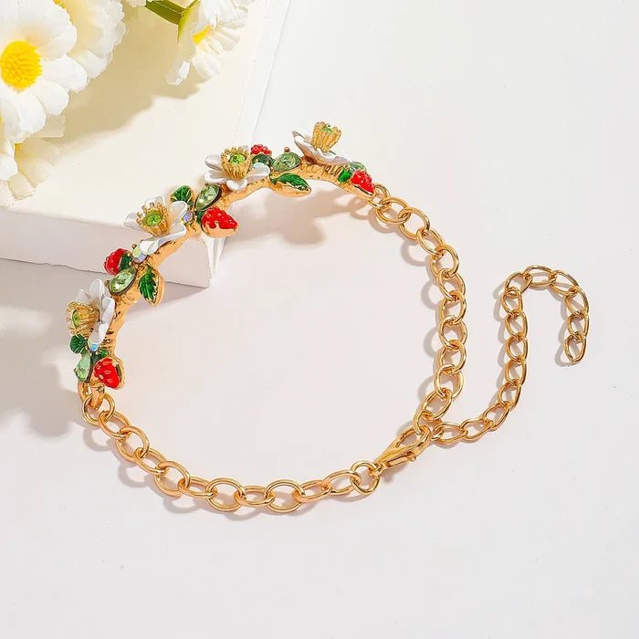 Elegant Strawberry Flower Enamel Bracelet