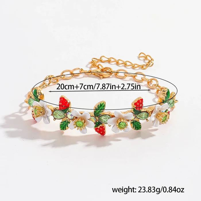 Elegant Strawberry Flower Enamel Bracelet