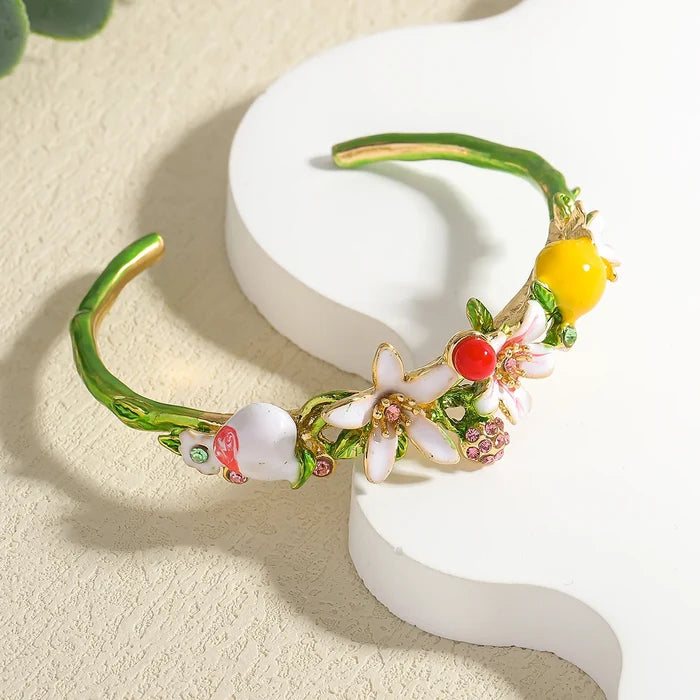 Elegant Strawberry Flower Enamel Bracelet