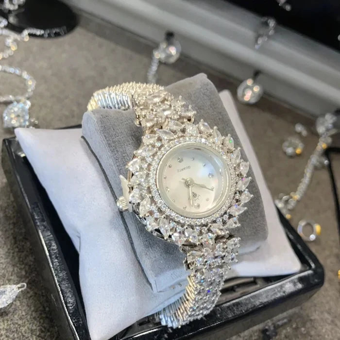 Elegant Zircon Quartz Women's Watch with LED & Steel Band