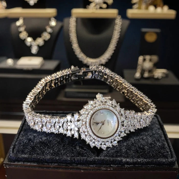 Elegant Zircon Quartz Women's Watch with LED & Steel Band