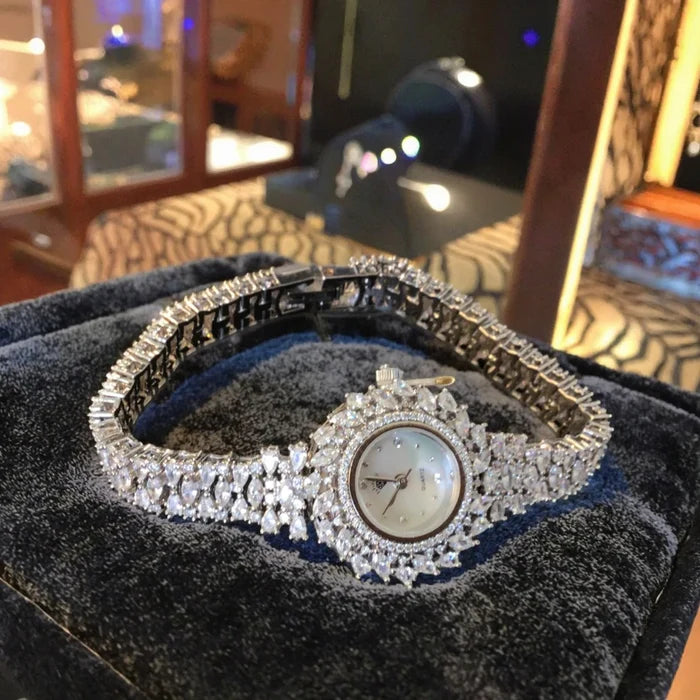 Elegant Zircon Quartz Women's Watch with LED & Steel Band