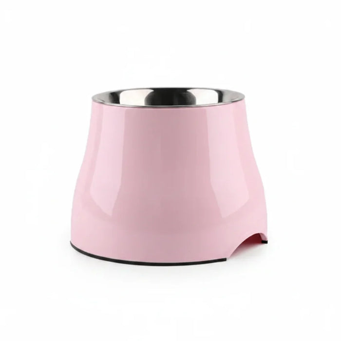 Pink elevated pet bowl with stainless steel interior for dogs and cats