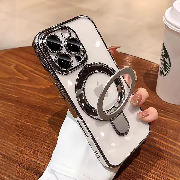 EliteShield LuxGrip Electroplated Frame Clear TPU Case with Metal Ring Holder for iPhone