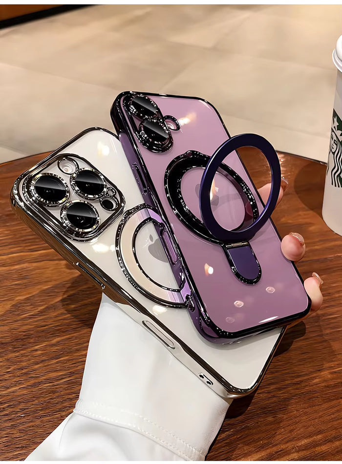 EliteShield LuxGrip Electroplated Frame Clear TPU Case with Metal Ring Holder for iPhone