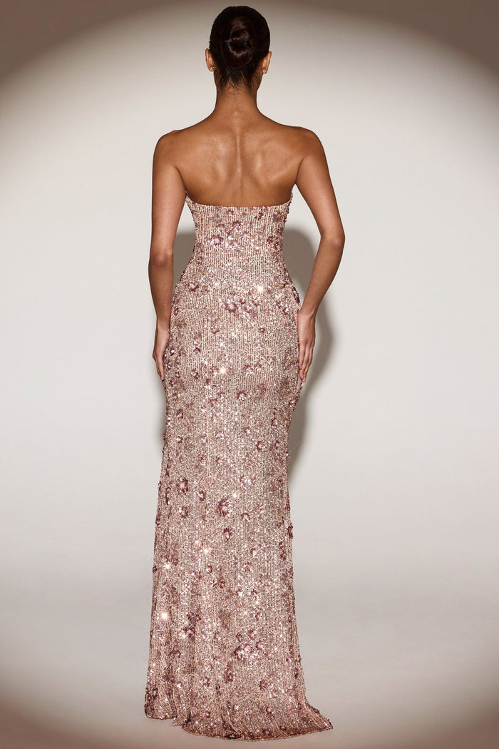 Embellished Bandeau-Neck Strapless Gown in Rose Gold