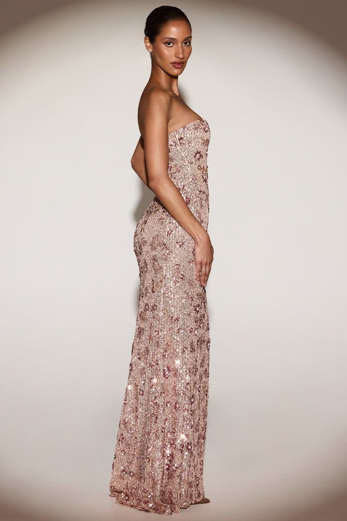 Embellished Bandeau-Neck Strapless Gown in Rose Gold