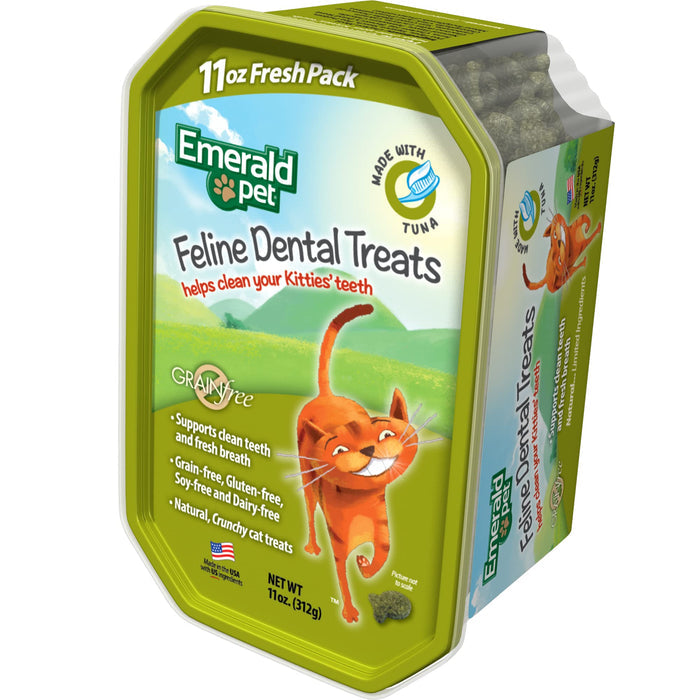 Emerald Pet Feline Dental Treats for cats, grain-free tuna flavor, supports clean teeth & fresh breath, 11oz pack