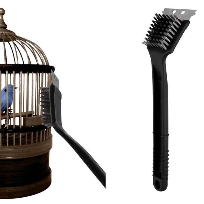 Black pet cage cleaning brush with bristles and scraper for birdcage maintenance