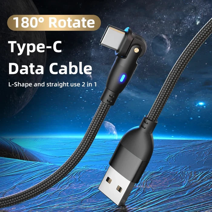 Fast-Charging 180° Rotatable 3A USB Type-C Micro USB-C Cable 180° Right-Angle for Mobile Phones Computers
