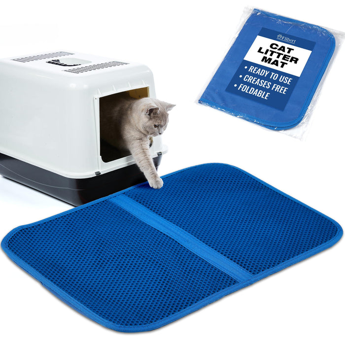 Blue foldable cat litter mat with mesh design, shown with gray cat exiting litter box, ready to use