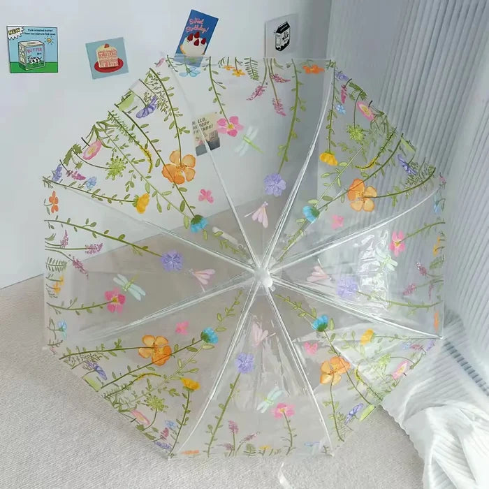 Flower POE Transparent Straight Long-handled 8 Ribs Outdoor Rainy Umbrella