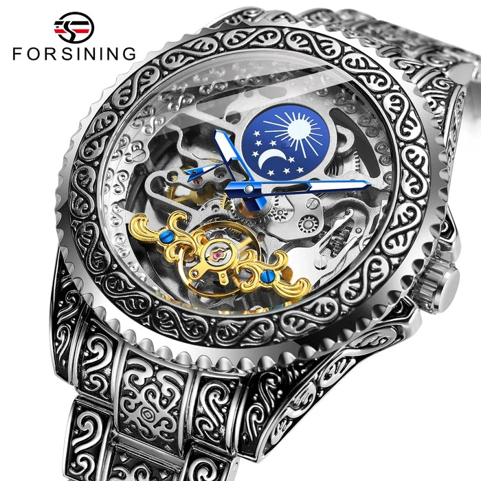 Forsining Skeleton Moonphase Stainless Steel Watch