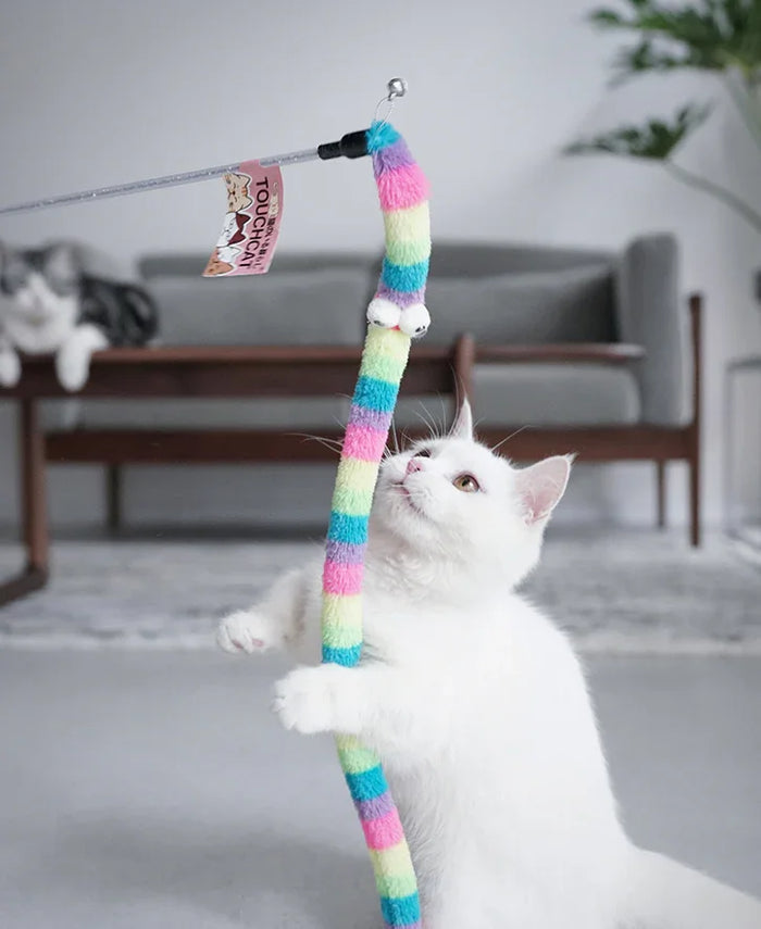 White cat playing with rainbow striped wand toy, pet accessory for interactive play