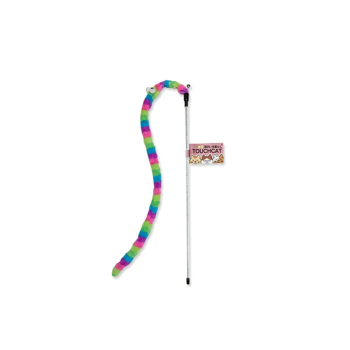 Colorful rainbow cat wand toy with fuzzy tail for interactive play and exercise