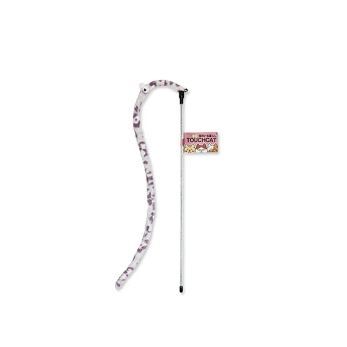 Purple patterned cat wand toy with feather attachment for interactive play and exercise
