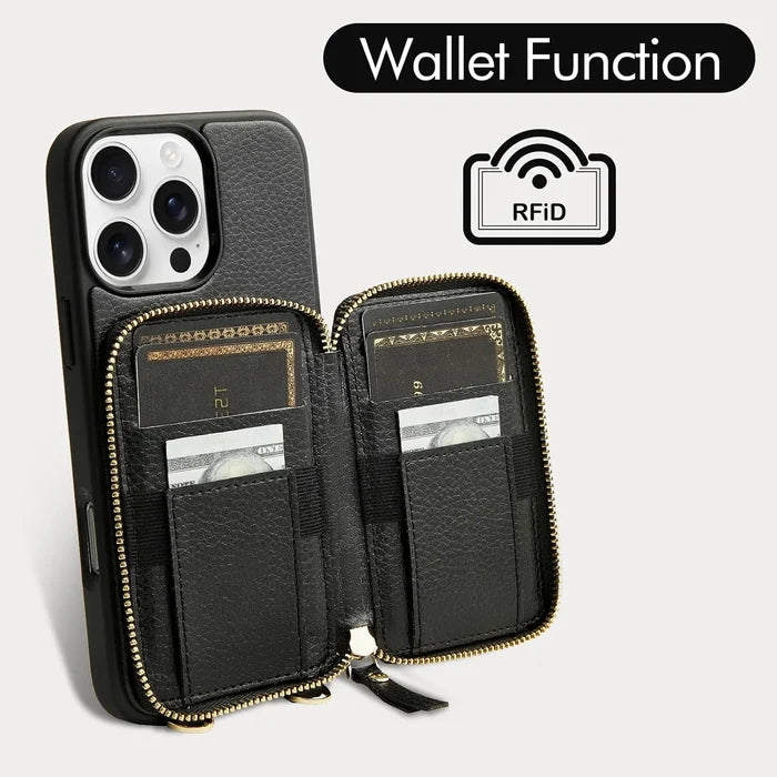 Genuine Leather Crossbody Zipper Wallet Magnetic Card Holder Wrist