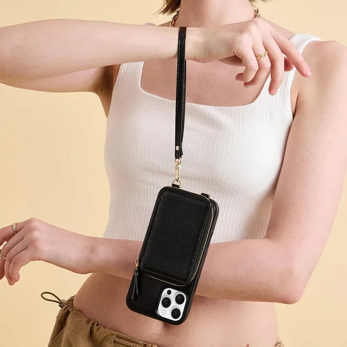Genuine Leather Crossbody Zipper Wallet Magnetic Card Holder Wrist