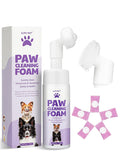 Paw cleaning foam kit with dispenser, silicone brush, and moisturizing wipes for dogs and cats.