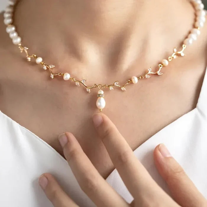 Gold Bridal Necklace with Pearls & Zircon