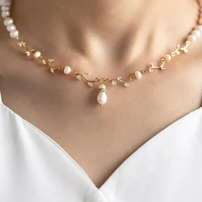 Gold Bridal Necklace with Pearls & Zircon