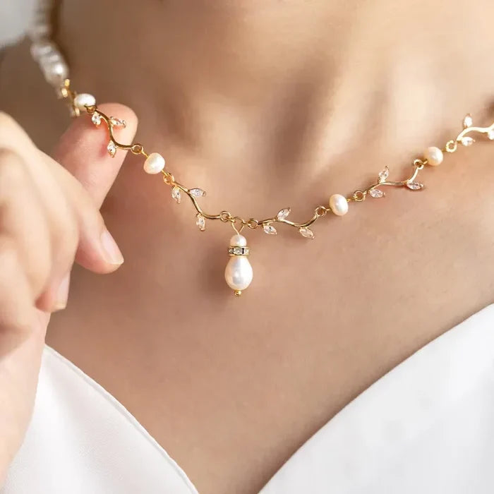 Gold Bridal Necklace with Pearls & Zircon
