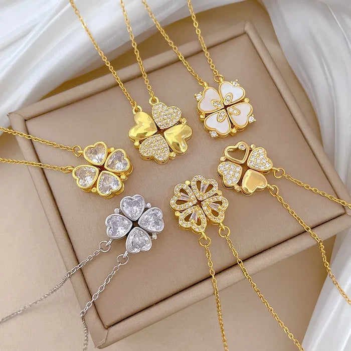 Gold Plated Heart & Clover Titanium Necklace