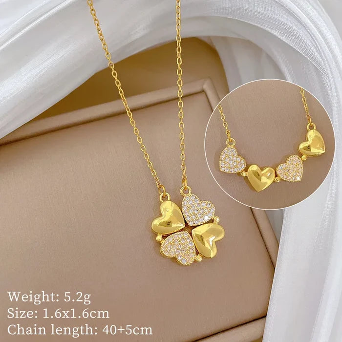 Gold Plated Heart & Clover Titanium Necklace