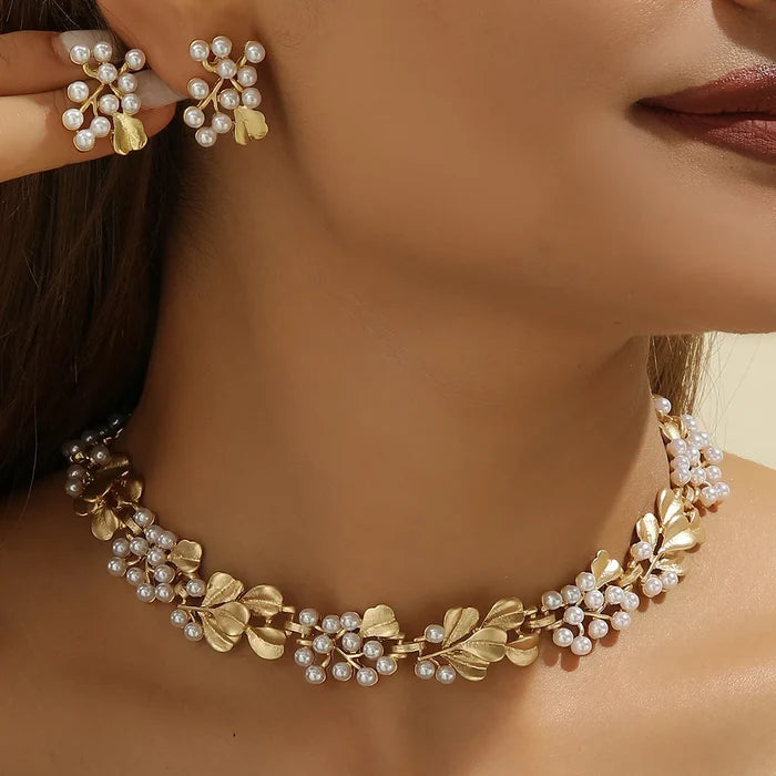 Gold Plated Retro French Necklace Earrings Set