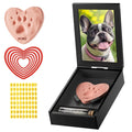 Personalized dog paw print heart keepsake in black gift box with photo frame, custom name Momo, and love message