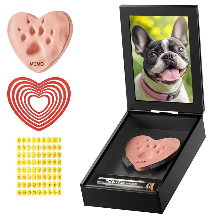 Personalized dog paw print heart keepsake in black gift box with photo frame, custom name Momo, and love message