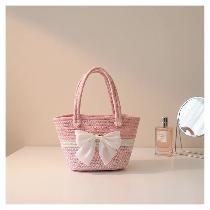 Handwoven Straw Shoulder Bag for Women Summer Beach Tote with Bow