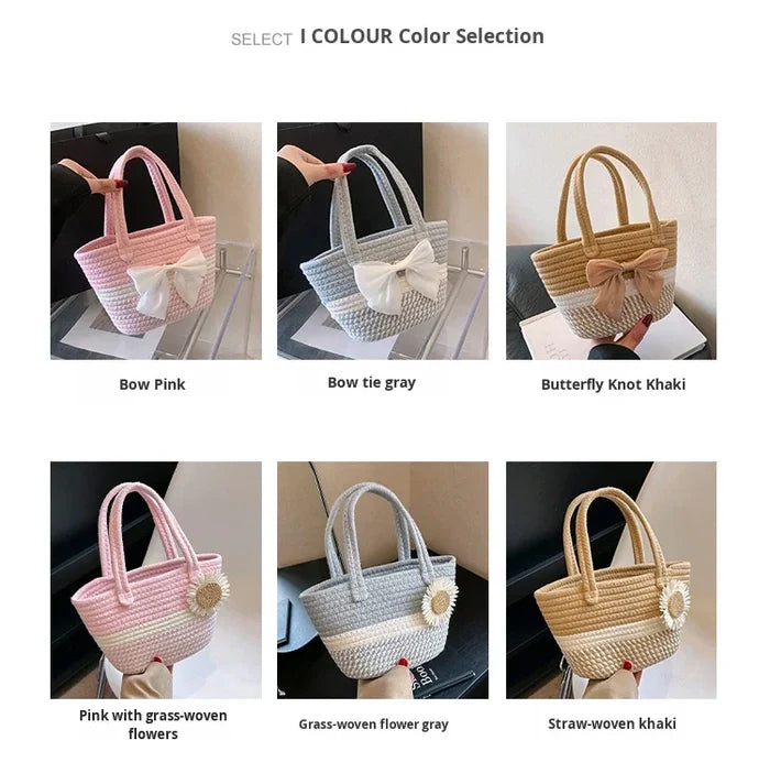 Handwoven Straw Shoulder Bag for Women Summer Beach Tote with Bow
