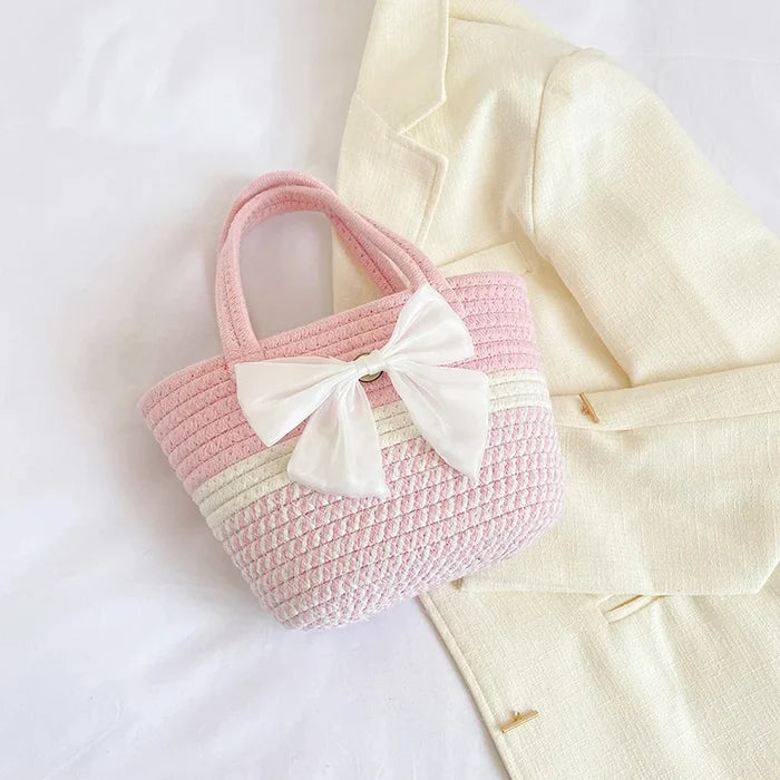 Handwoven Straw Shoulder Bag for Women Summer Beach Tote with Bow