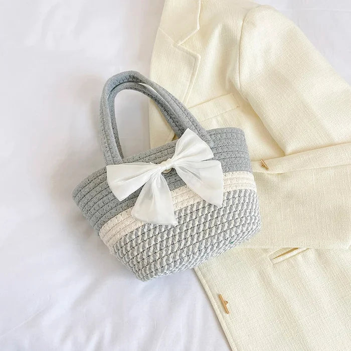 Handwoven Straw Shoulder Bag for Women Summer Beach Tote with Bow