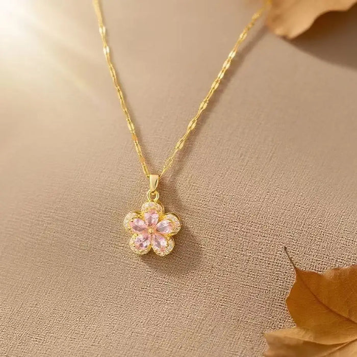 A8432 gold pink diamond flower necklace