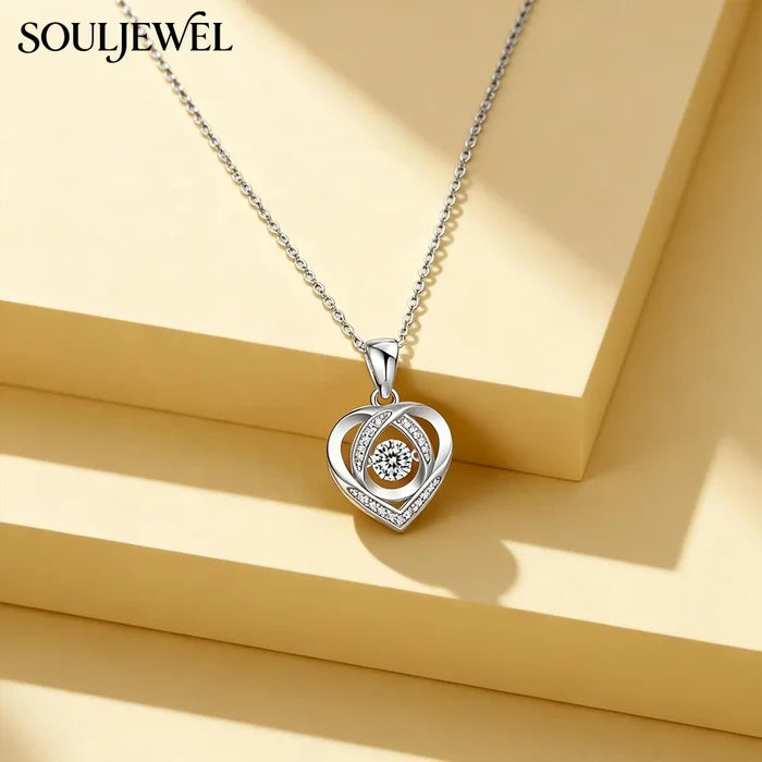 Hollow Heart Moissanite Pendant Necklace - Silver