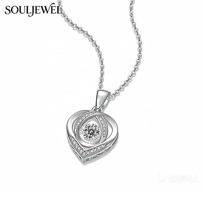 Hollow Heart Moissanite Pendant Necklace - Silver