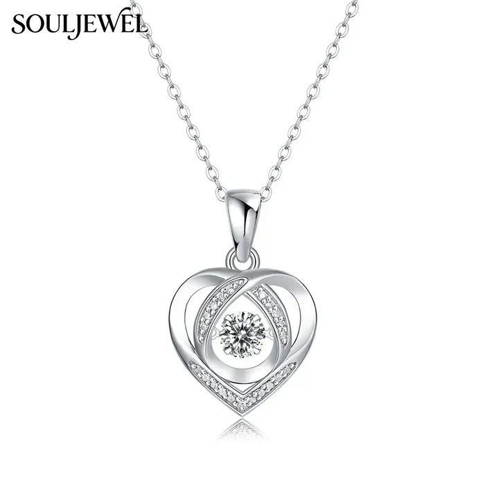 Hollow Heart Moissanite Pendant Necklace - Silver