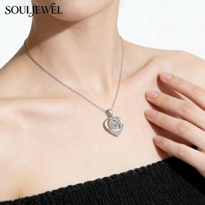 Hollow Heart Moissanite Pendant Necklace - Silver
